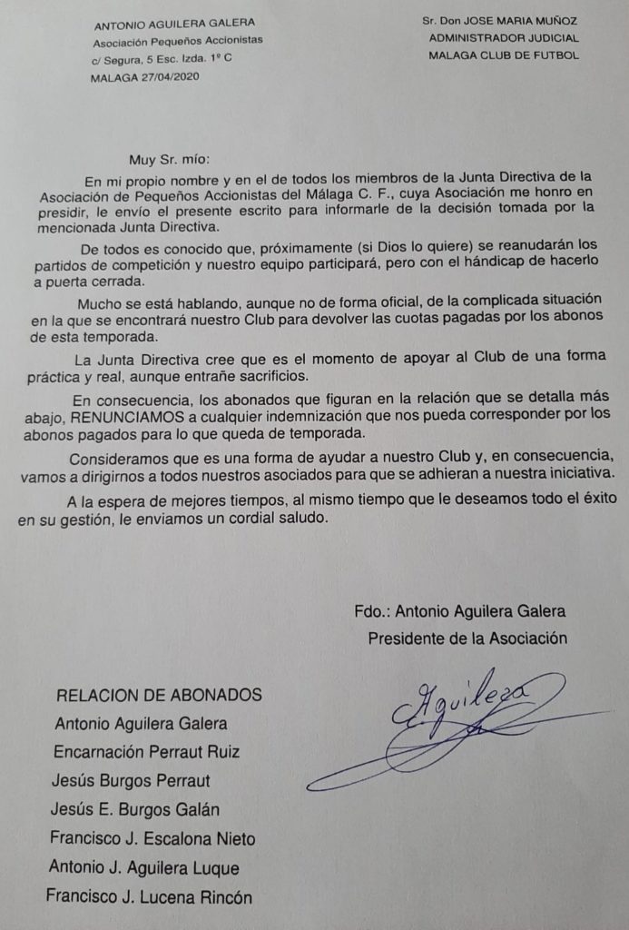 Carta de la APA en la que muestran su renuncia a percibir cualquier reembolso de los abonos del Málaga