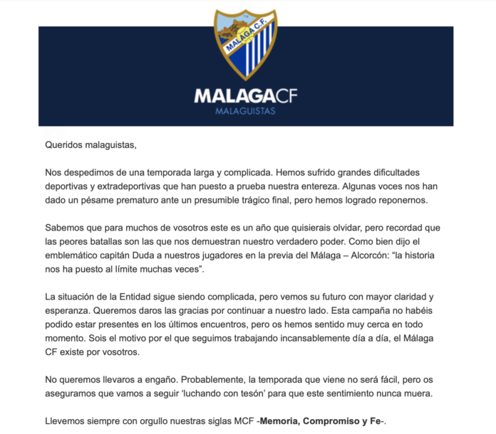 Carta del Málaga a sus abonados