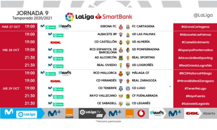 LaLiga ha dado a conocer los horarios de la novena jornada de LaLiga SmartBank