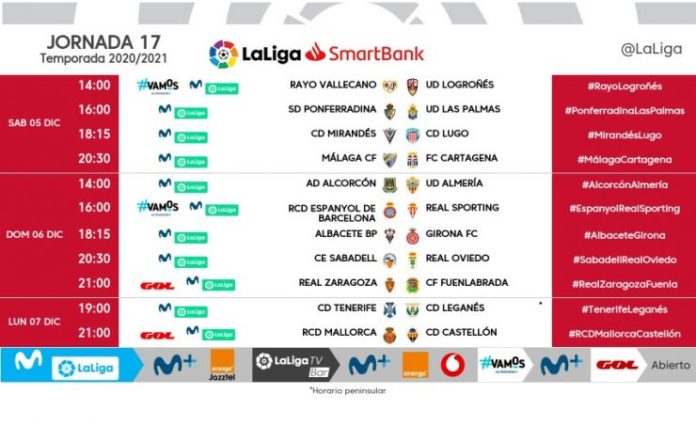 horario jornada 17 segunda división