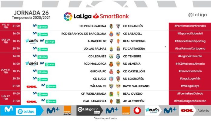 horario jornada 26 Málaga-Rayo