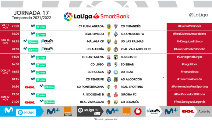 Todos los horarios de la jornada 17 de Segunda División