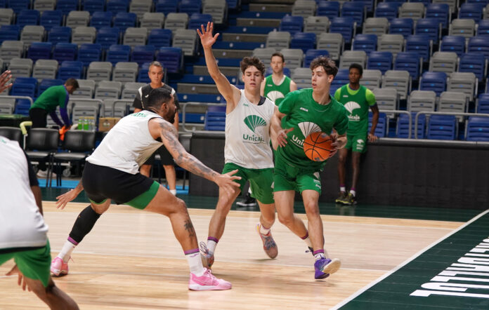 entrenamiento, unicaja, Temporada 2023, 2024, Guillermo del Pino, Mario Saint Supery, Augusto Lima.