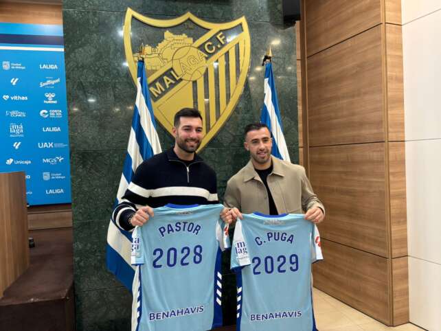 Álex Pastor y Carlos Puga comparecen en rueda de prensa tras sus renovaciones con el Málaga CF hasta 2029.