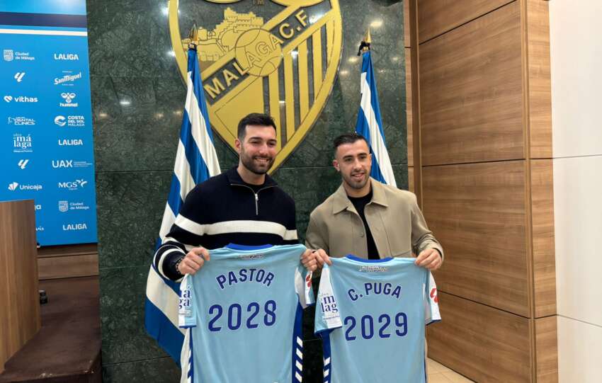 Álex Pastor y Carlos Puga comparecen en rueda de prensa tras sus renovaciones con el Málaga CF hasta 2029.