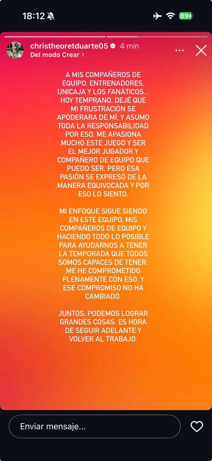 CHRIS DUARTE Y MENSAJE DE STORIE A INSTAGRAM