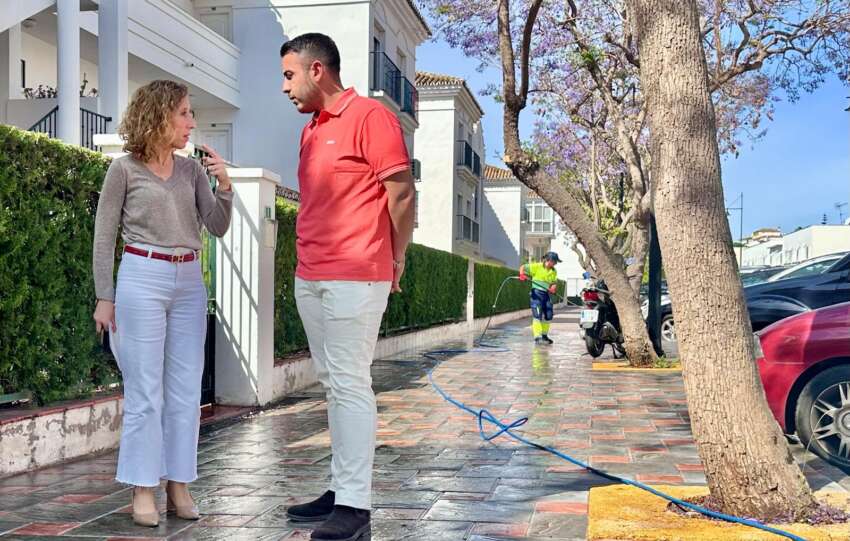 Carmen Dia dialoga con un encargado de limpieza mientras al fondo un operario elimina de la acera la floracion de las jacarandas