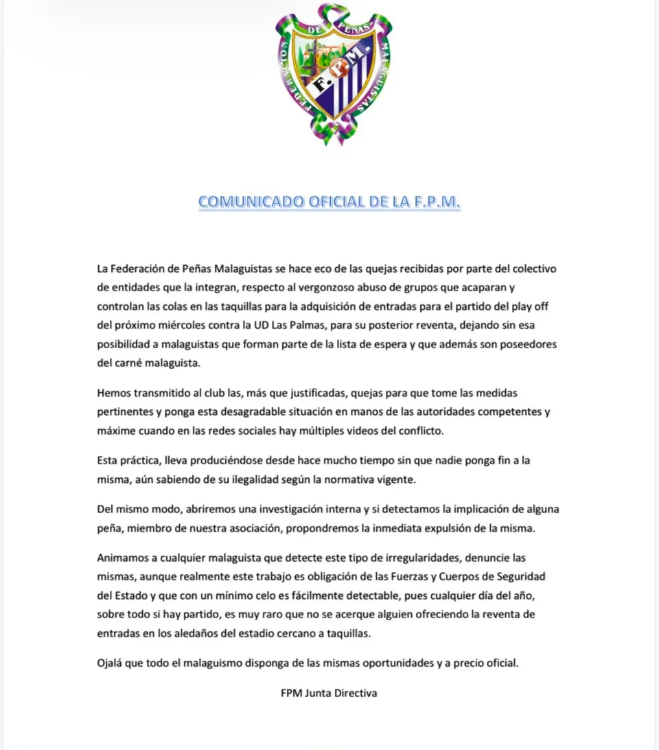 COMUNICADO DE LAS PEÑAS DEL MÁLAGA CON LAS ENTRADAS ANTE LAS PALMAS