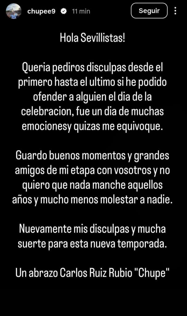Chupete pide perdón al sevillismo: "Fue un día de muchas emociones y quizás me equivoqué" 2 chupete perdon