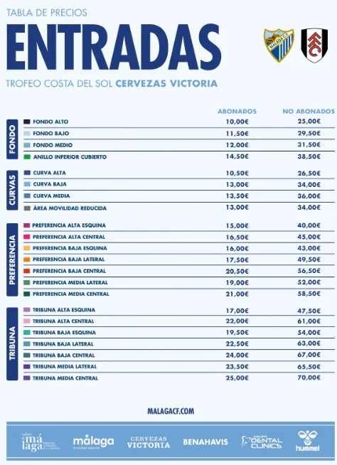 Cómo comprar entradas para el Málaga CF VS Fulham: 3 plazos y compra online y en taquilla 2 precio entradas trofeo costa del sol malaga cf fulham 11zon